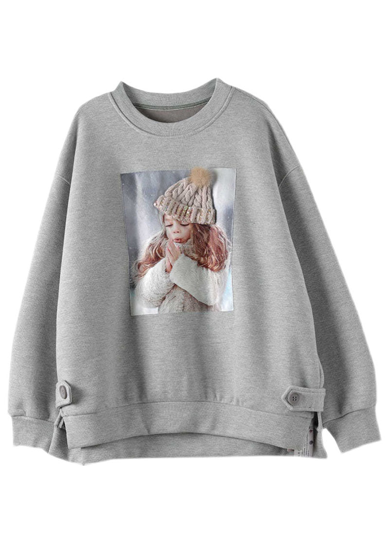Elegant Grey Oversized Print Warm Fleece Sweatshirts Top Winter