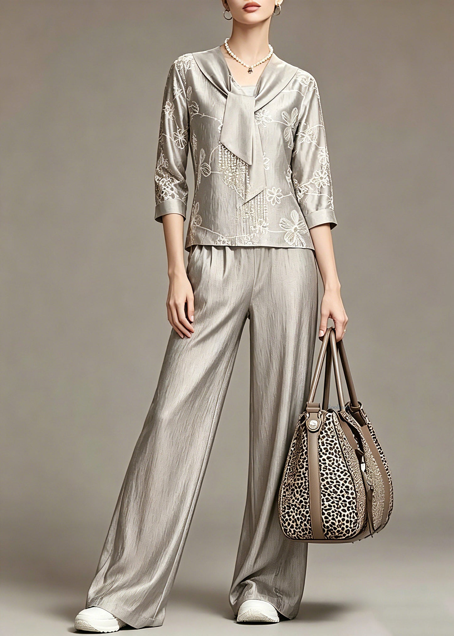 Grey Print Top and Wide Leg Pants Two Piece Set Spring