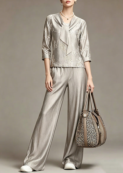 Grey Print Top and Wide Leg Pants Two Piece Set Spring