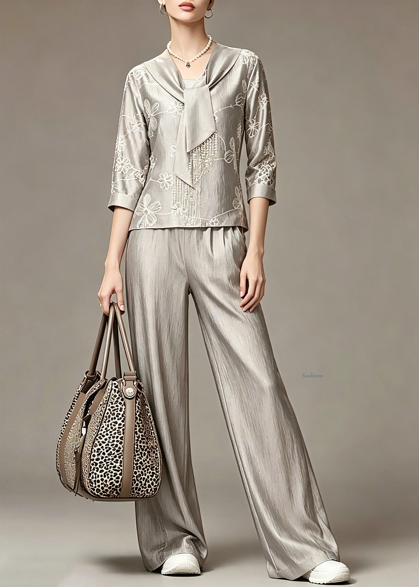Grey Print Top and Wide Leg Pants Two Piece Set Spring