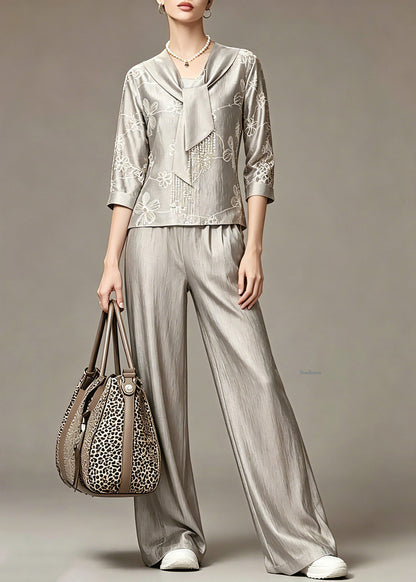 Grey Print Top and Wide Leg Pants Two Piece Set Spring