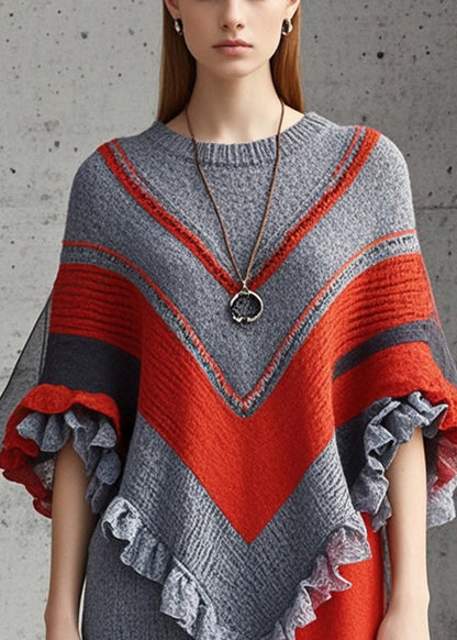 Grey Ruffled Patchwork Knitted Dress Batwing Sleeve