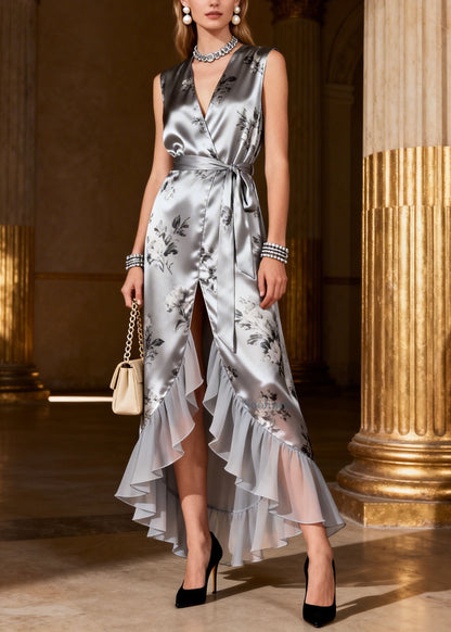 Grey Ruffled Print Low High Design Silk Dress Summer