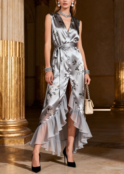 Grey Ruffled Print Low High Design Silk Dress Summer