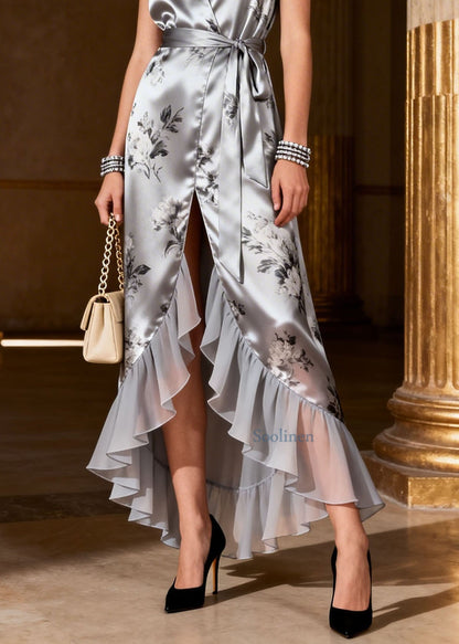 Grey Ruffled Print Low High Design Silk Dress Summer