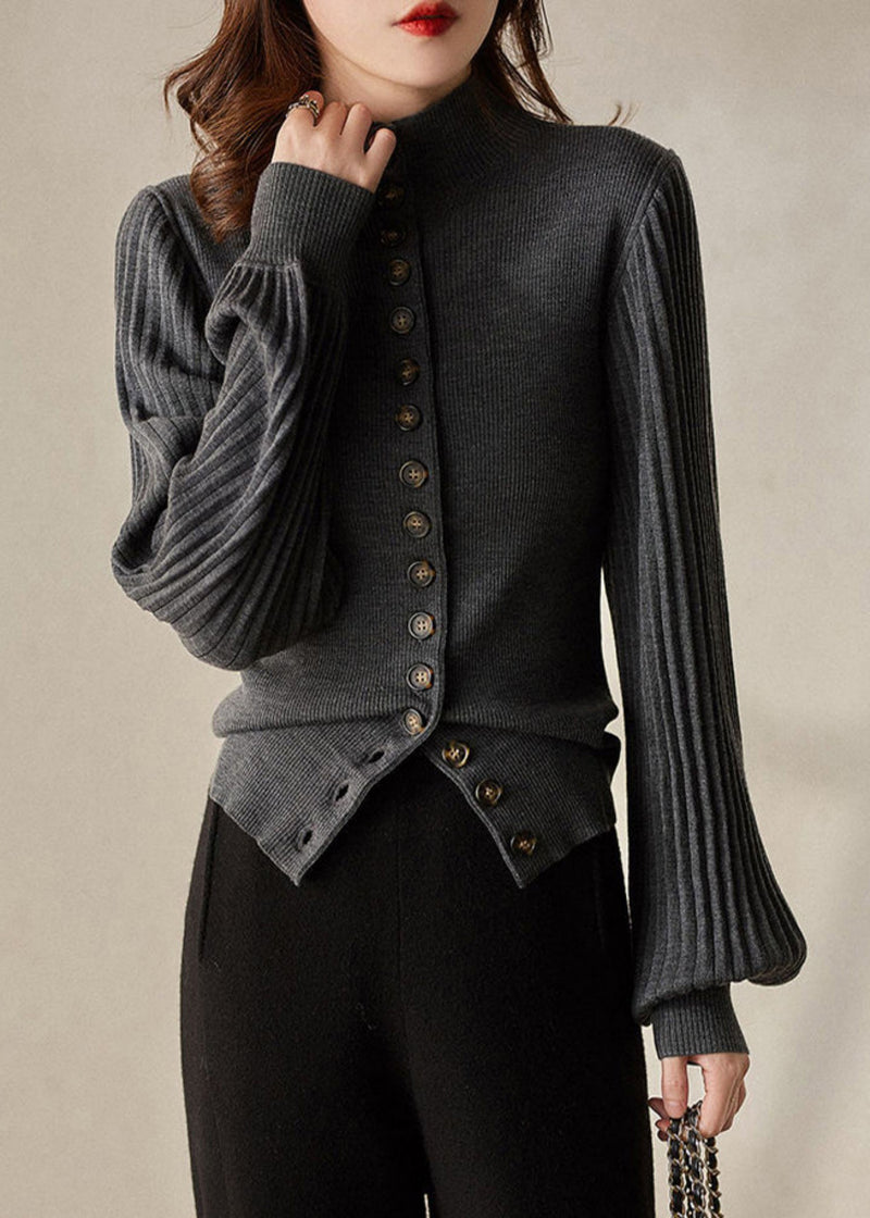 Grey Stand Collar Button Knit Top Lantern Sleeve