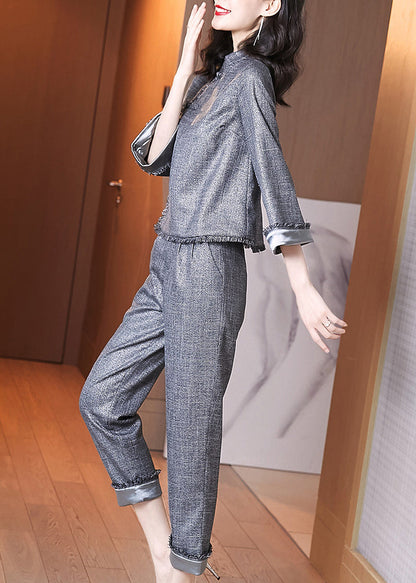 Grey Stand Collar Chinese Button Tops and Pants Cotton Two-piece Set Spring
