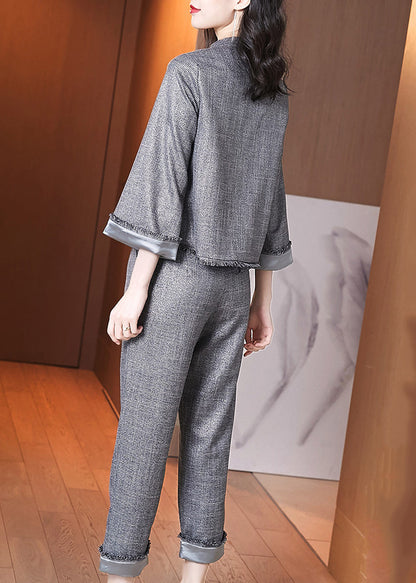Grey Stand Collar Chinese Button Tops and Pants Cotton Two-piece Set Spring