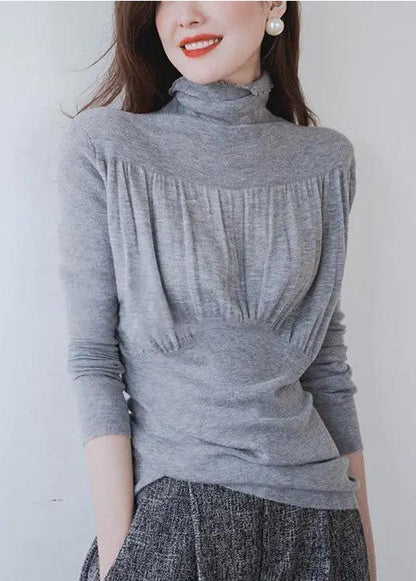 Grey Stand Collar Ruffled Brief Fall Knitted Top