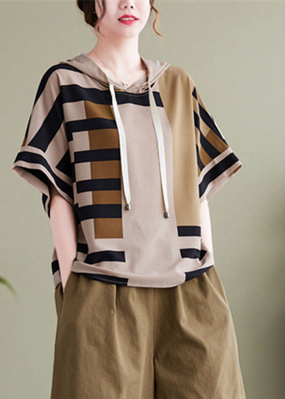 Grey Striped Patchwork Hooded Shirt Summer