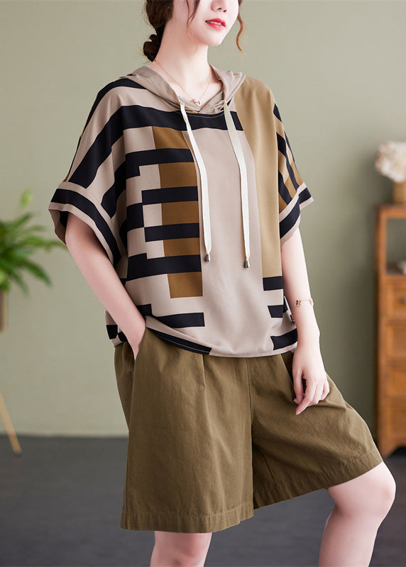 Grey Striped Patchwork Hooded Shirt Summer