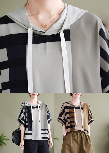 Grey Striped Patchwork Hooded Shirt Summer