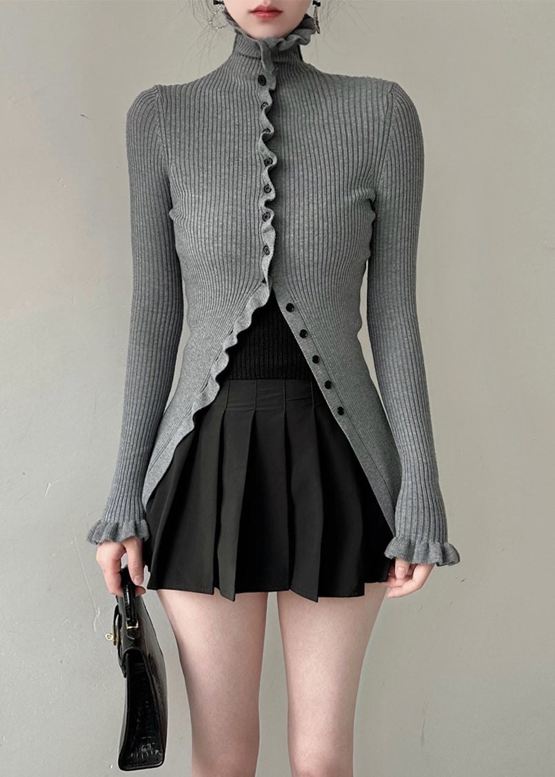 Grey Turtleneck Button Knit Sweater Butterfly Sleeve