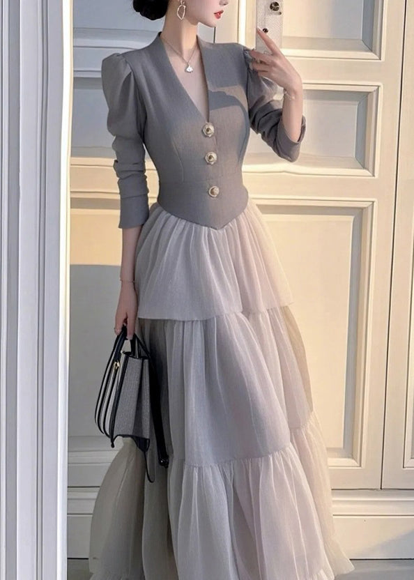 Grey V Neck Patchwork Tulle Long Dress Spring
