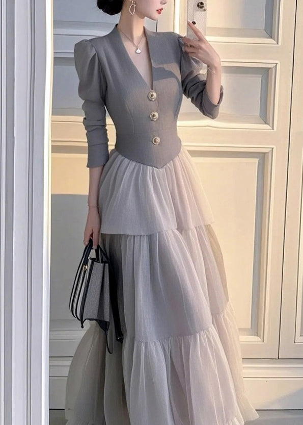 Grey V Neck Patchwork Tulle Long Dress Spring