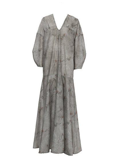 Grey V Neck Print Patchwork Silk Holiday Maxi Dress Long Sleeve
