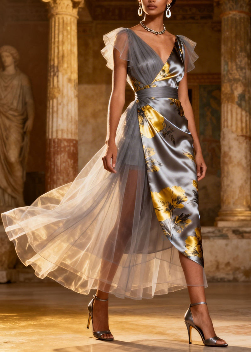 Grey V Neck Tulle Patchwork Silk Long Dress Summer