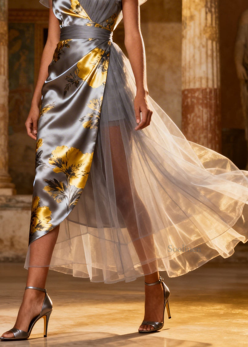 Grey V Neck Tulle Patchwork Silk Long Dress Summer