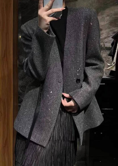 Grey V Neck Woolen Suit Coats Fall