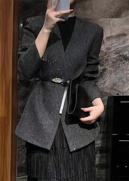 Grey V Neck Woolen Suit Coats Fall