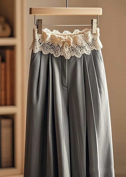 Grey Wrinkled Patchwork Lace Wide Leg Pants Spring