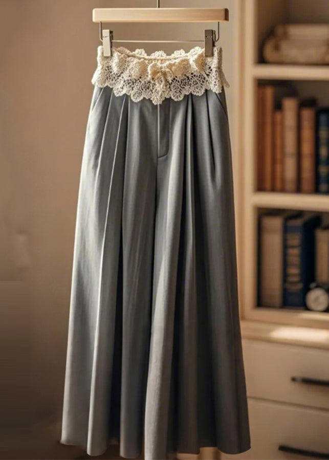 Grey Wrinkled Patchwork Lace Wide Leg Pants Spring
