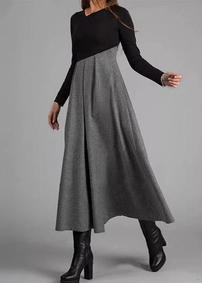 Grey Wrinkled Patchwork Woolen Long Dress Spring