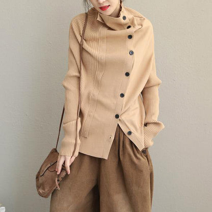 High Neck Button Down Fitted Sweater Tops