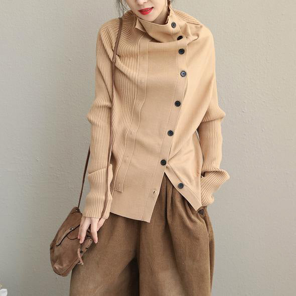 High Neck Button Down Fitted Sweater Tops