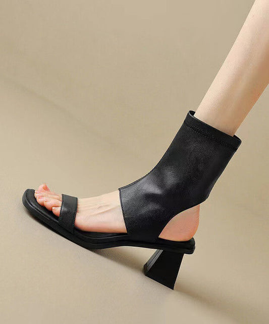 Hollow Out Chunky Sandals Black Cowhide Leather