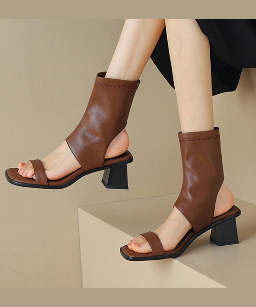 Hollow Out Chunky Sandals Black Cowhide Leather