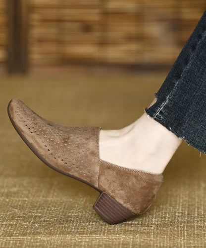 Hollow Out Splicing Chunky Heel Grey Suede