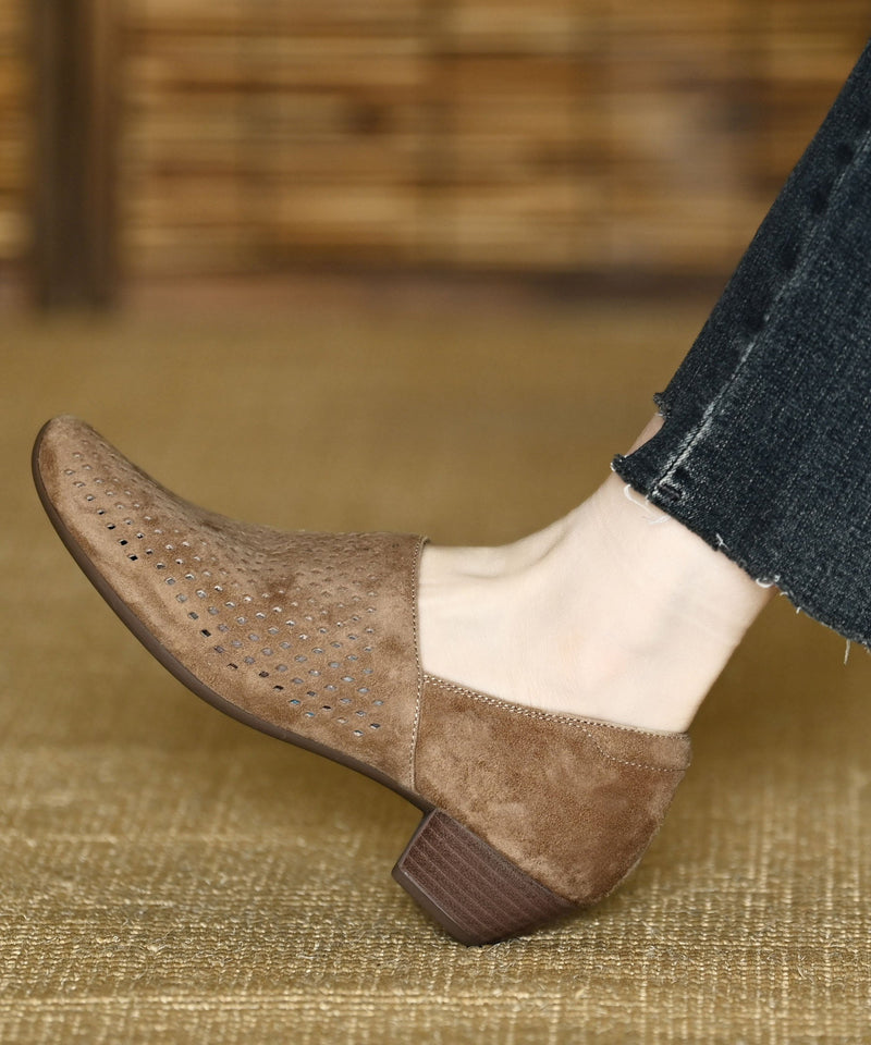 Hollow Out Splicing Chunky Heel Grey Suede