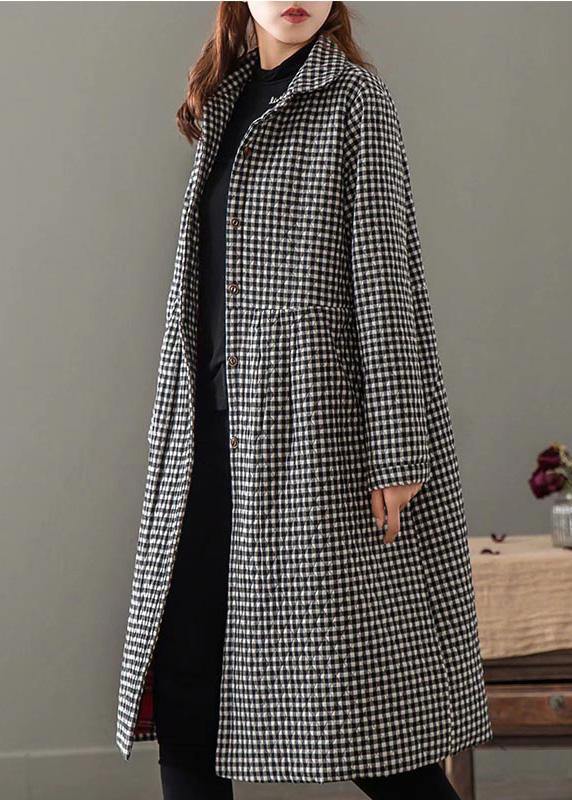 Iapel Pockets Fine Clothes for Black Plaid Tunic Coat