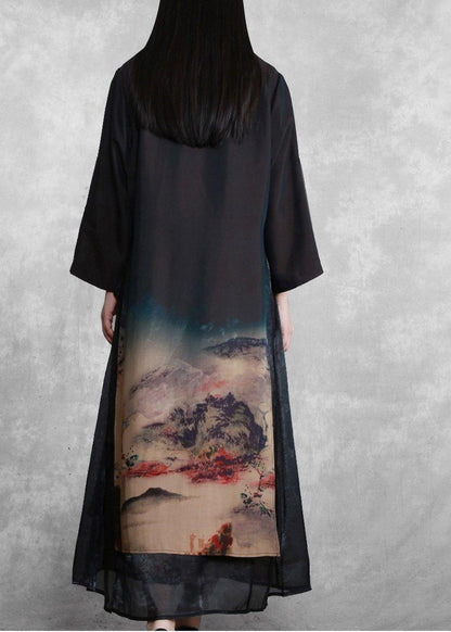 Mountain Paitings Satin Outfit Two Pieces Kaftan Dress