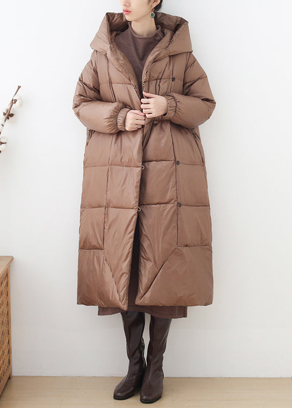 Khaki Button Hooded Down Coat Long Sleeve