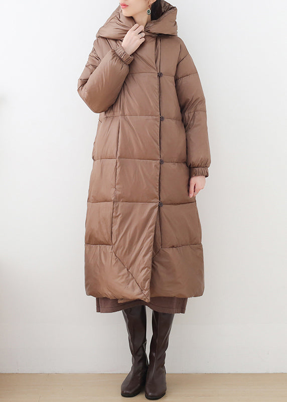Khaki Button Hooded Down Coat Long Sleeve
