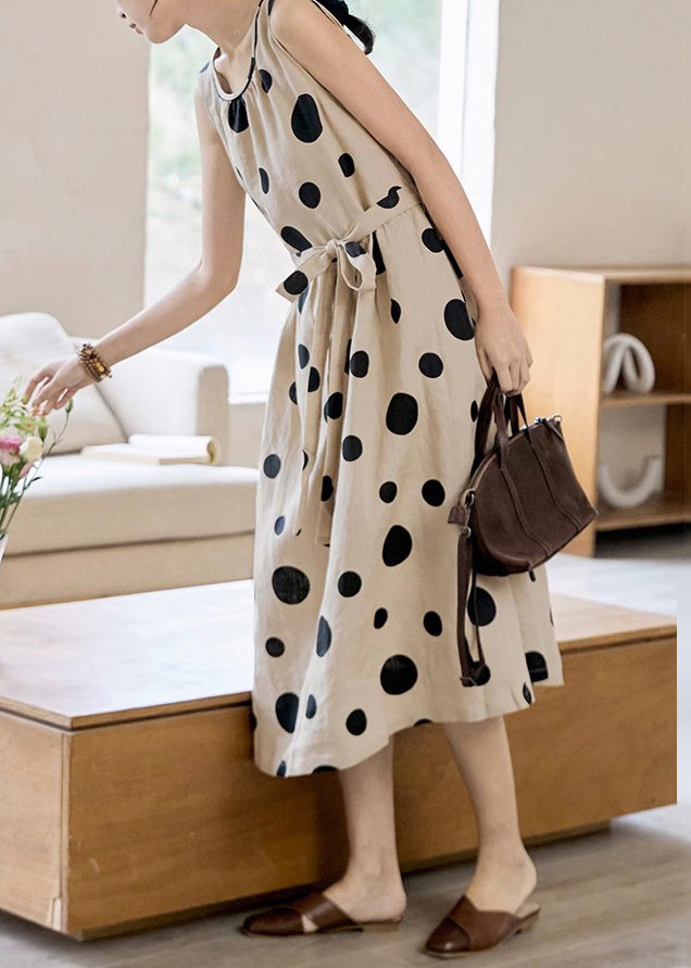 Khaki Dot Pockets Tie Waist Cotton Long Dress Sleeveless