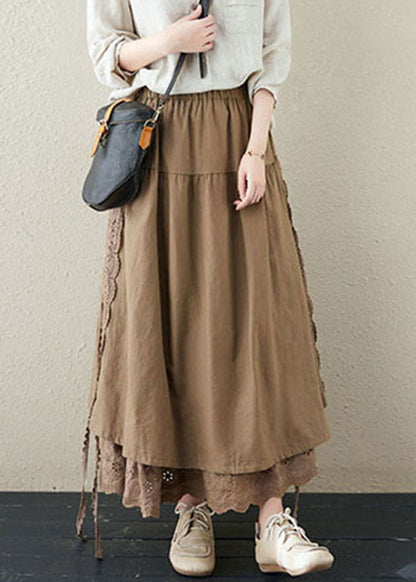 Khaki Elastic Waist Lace Patchwork Linen a Line Skirts Summer