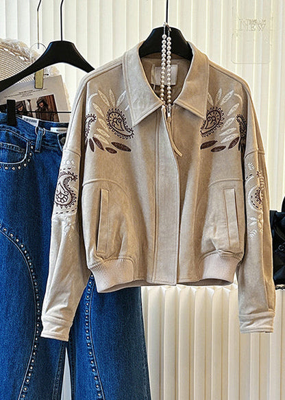 Khaki Embroidered Pockets Cotton Jackets Spring