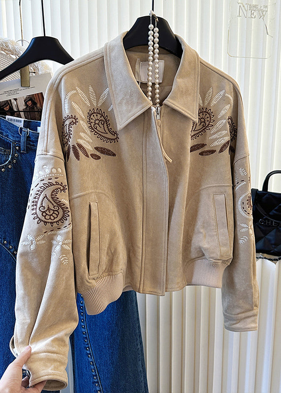 Khaki Embroidered Pockets Cotton Jackets Spring