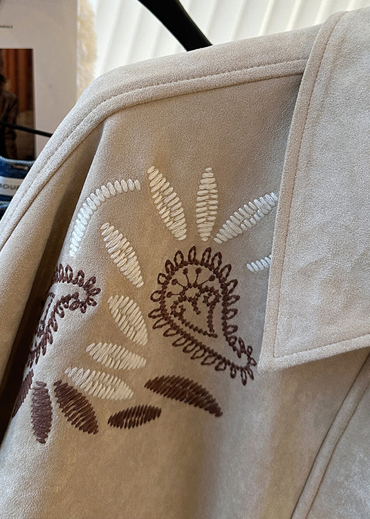 Khaki Embroidered Pockets Cotton Jackets Spring