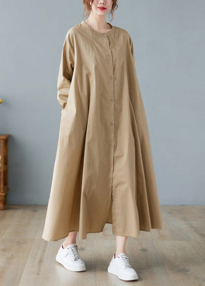 Khaki O-neck Button Cotton Long Shirts Dress Long Sleeve
