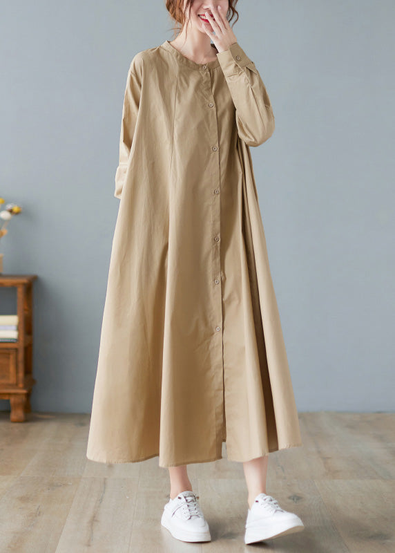 Khaki O-neck Button Cotton Long Shirts Dress Long Sleeve