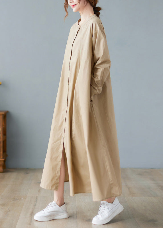 Khaki O-neck Button Cotton Long Shirts Dress Long Sleeve