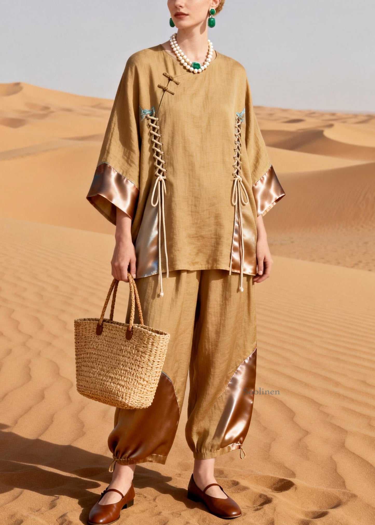 Khaki O Neck Drawstring Patchwork Shirt and Crop Pants Silk Linen Two Pieces Set