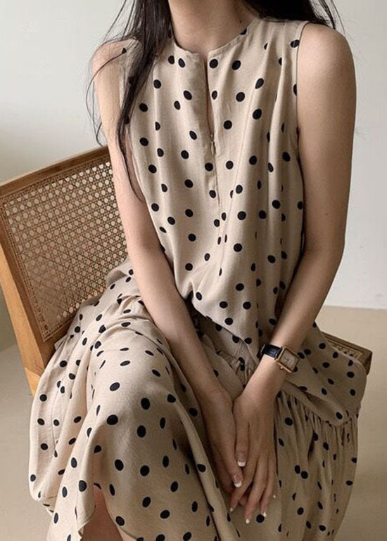 Khaki O Neck Patchwork Dot Print Cotton Dresses Summer