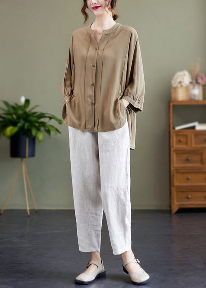Khaki Oversized Drawstring Cotton Shirt Top Bracelet Sleeve