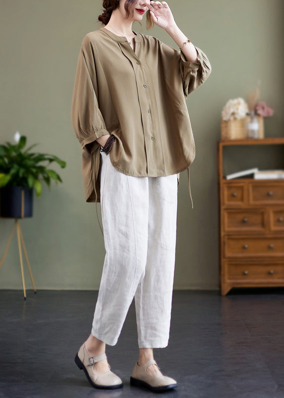 Khaki Oversized Drawstring Cotton Shirt Top Bracelet Sleeve