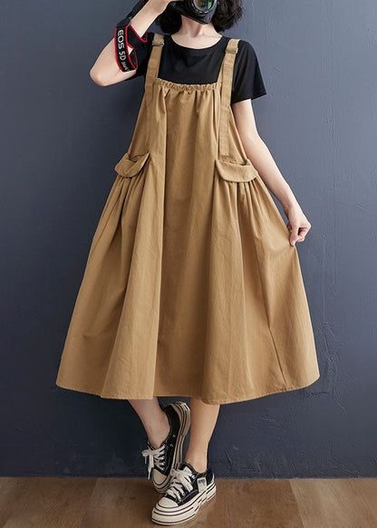 Khaki Oversized Pockets Cotton Strap a Line Dress Summer